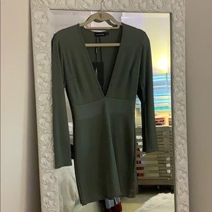 Sage green ribbed long sleeve plunge dress